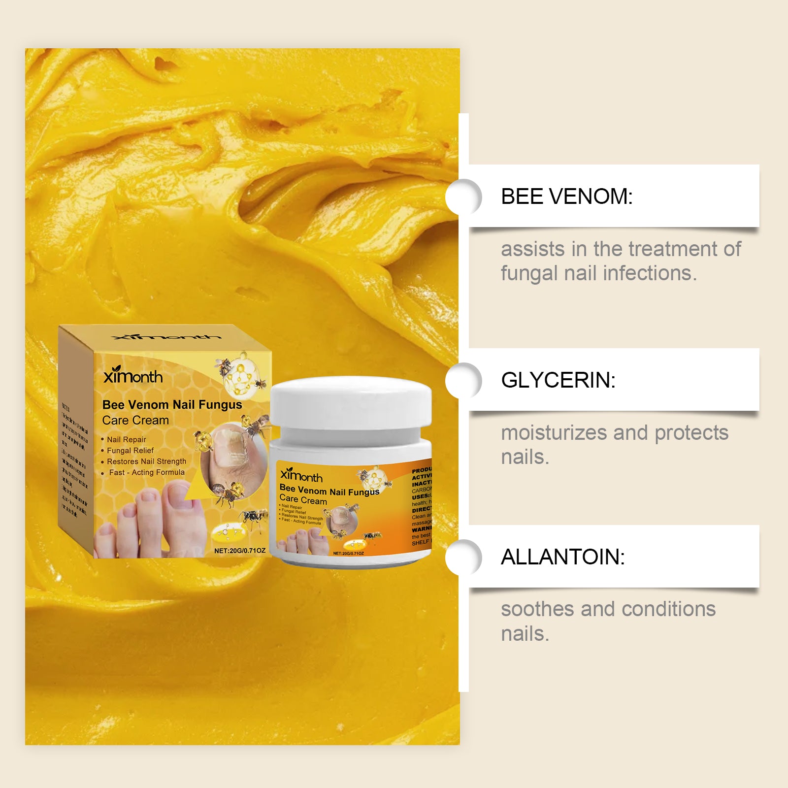 Bee venom cream for dry nail surfaces