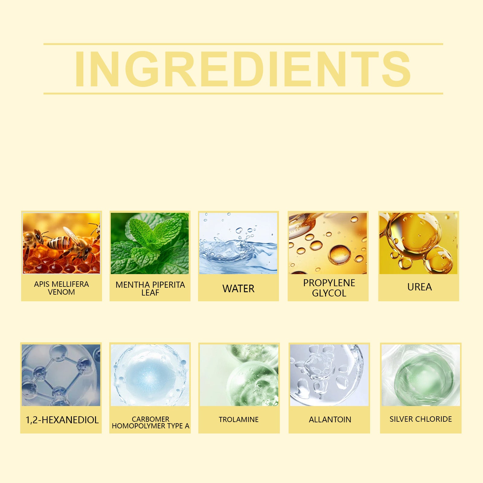 Gel ingredients including bee venom, peppermint, urea and allantoin