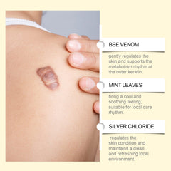 Spot gel ingredient artwork highlighting bee venom, peppermint and silver chloride