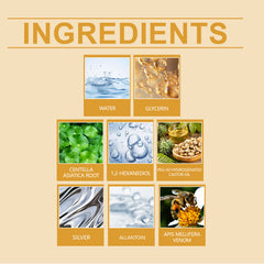 Ingredient panel for XIMONTHS Bee Venom Skin Tag Care Spray, showing Centella, glycerin, silver, allantoin and bee venom
