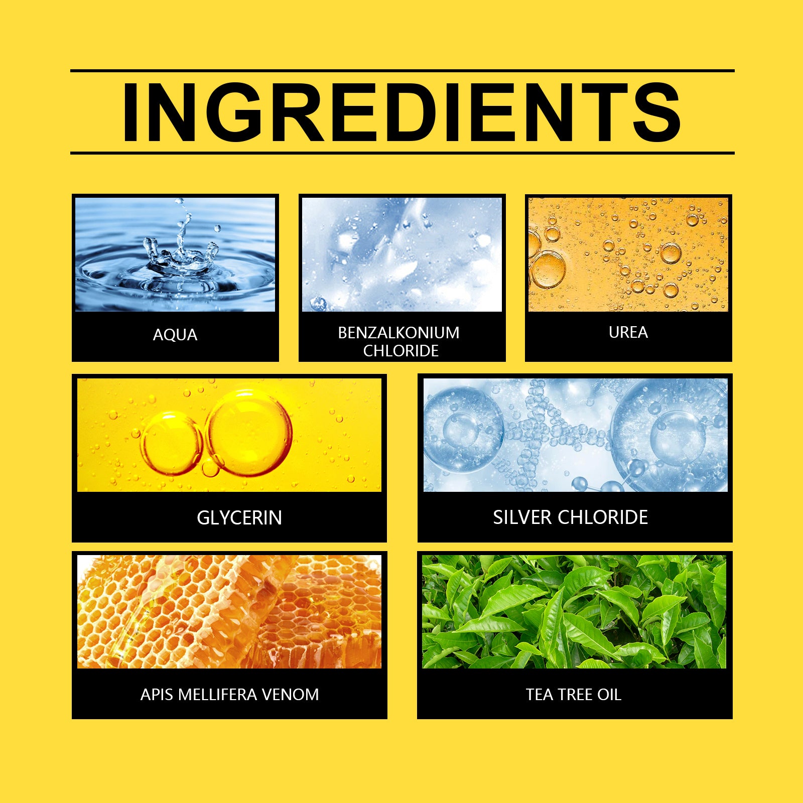 Ingredient panel for XIMONTHS Bee Venom Nail Care Solution for Daily Moisture, showing urea, glycerin, silver chloride, bee venom and tea tree