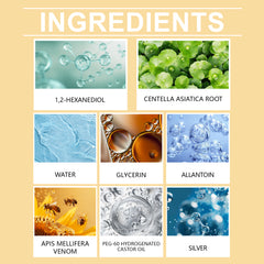 Ingredient panel for XIMONTHS Bee Venom Foot Care Spray for Dry Feet, showing Centella, glycerin, allantoin, bee venom and silver