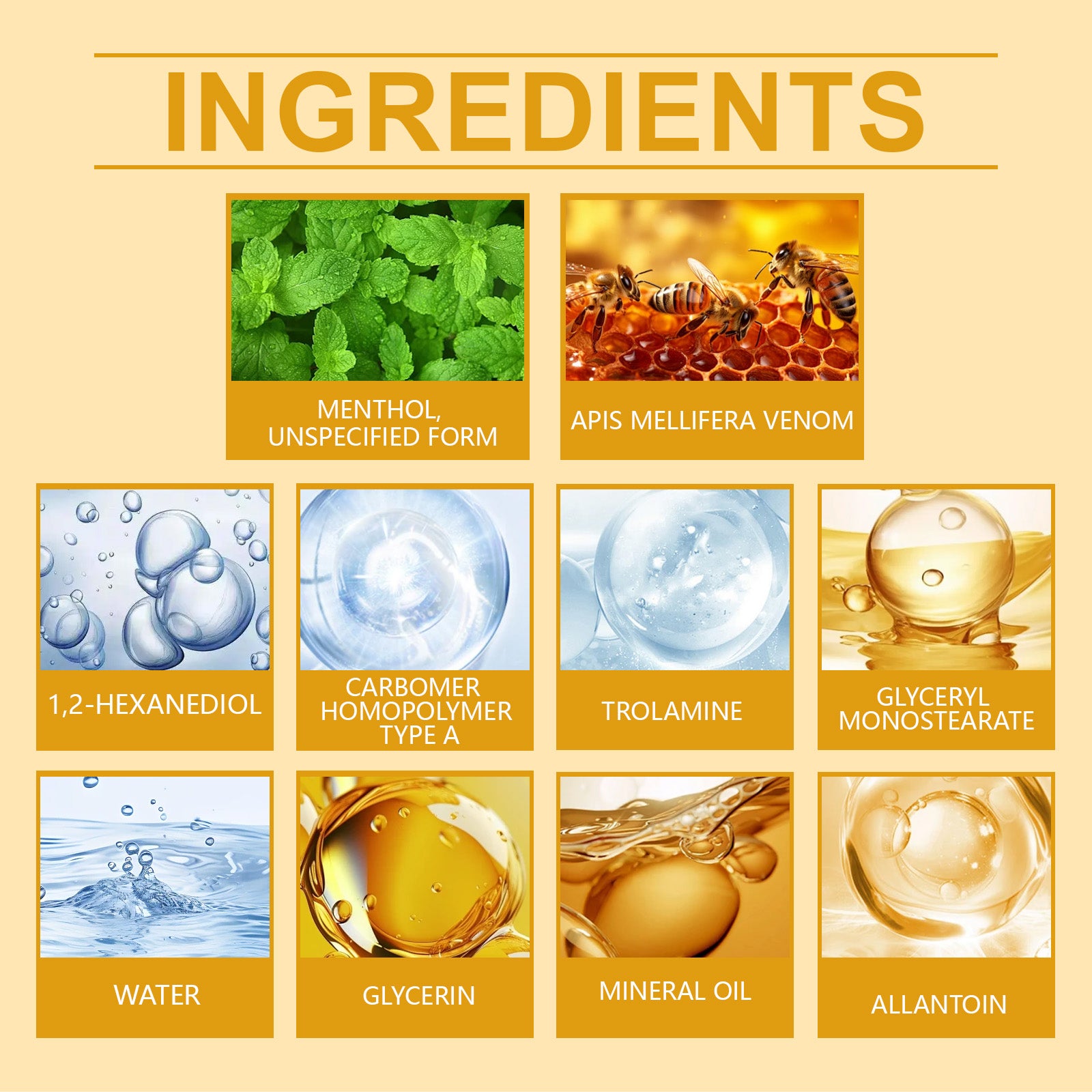 Ingredient panel for XIMONTHS Bee Venom Joint & Bone Care Cream, showing menthol, bee venom, glycerin, mineral oil and allantoin