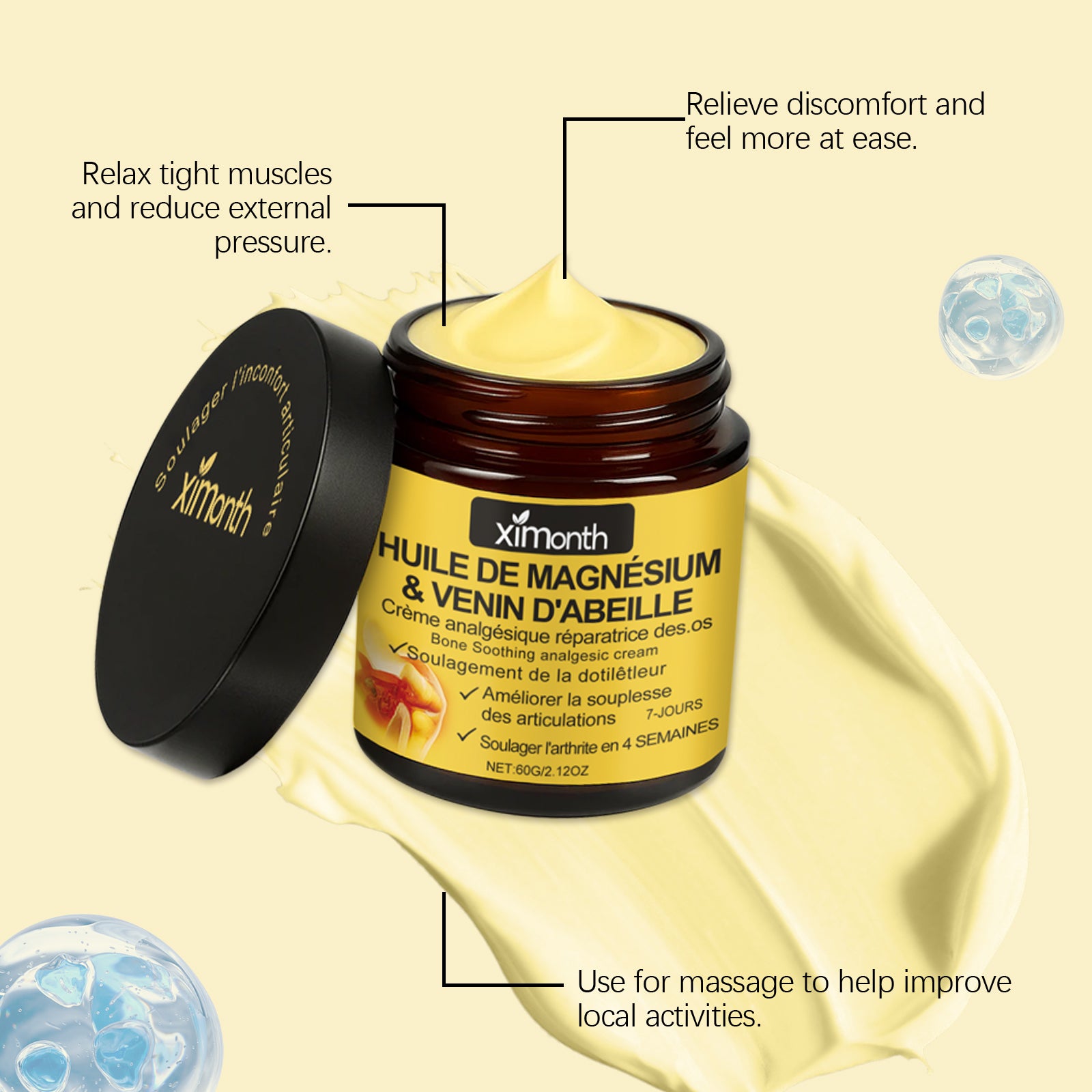 Open magnesium arnica cream jar and creamy texture