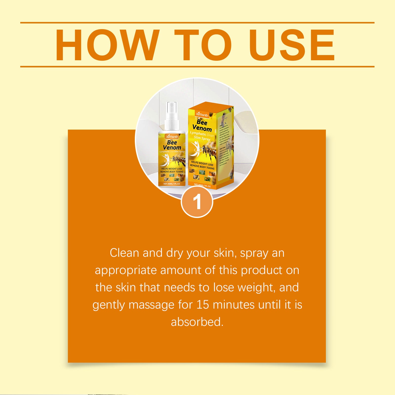 Body spray directions: clean skin, spray and massage for 15 minutes