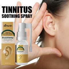 BuzzAway tinnitus spray beside a woman holding her ear