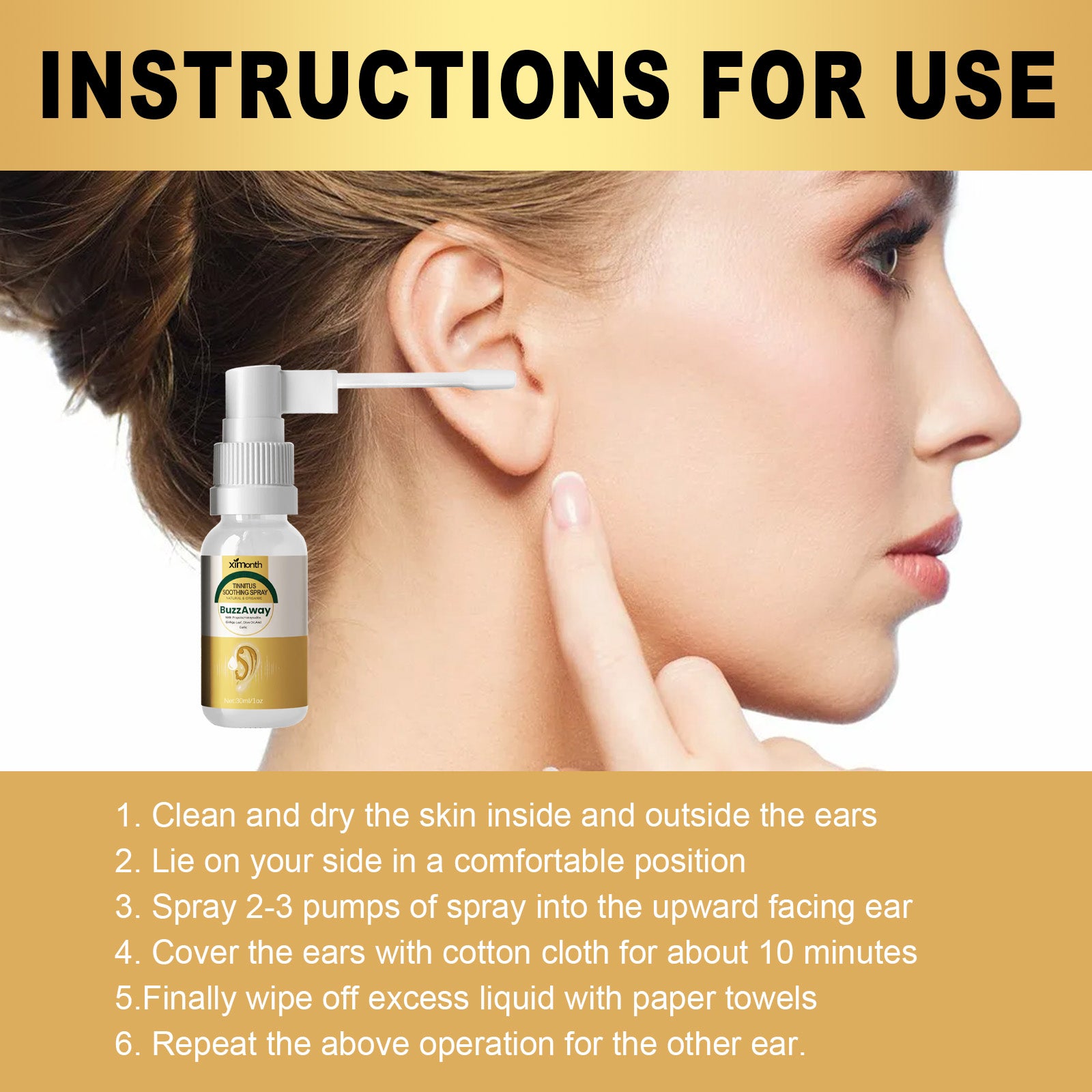 BuzzAway spray instructions with the nozzle positioned near an ear