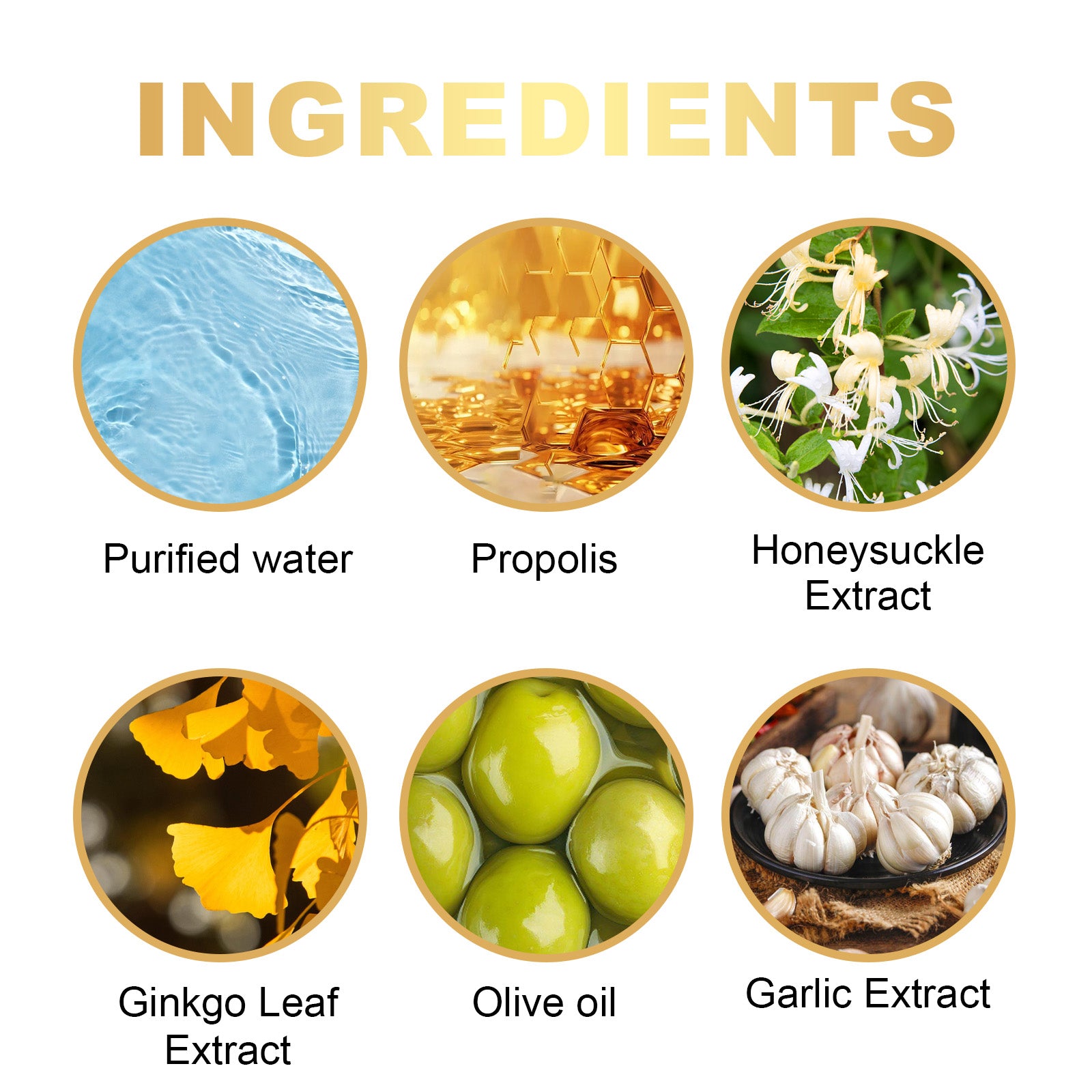 Ingredient panel listing propolis, honeysuckle, ginkgo leaf, olive oil, garlic and water