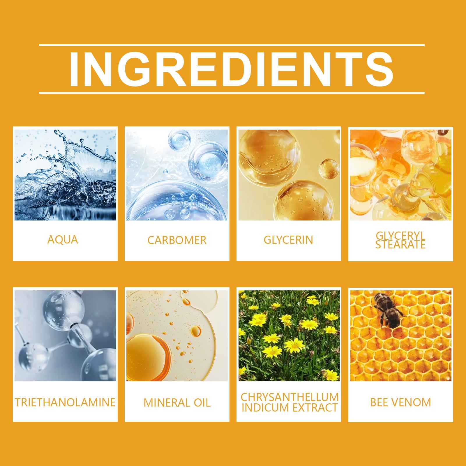 Ingredient panel for XIMONTHS Bee Venom Wart Care Cream for Smooth-Looking Skin, showing glycerin, mineral oil, Chrysanthellum and bee venom
