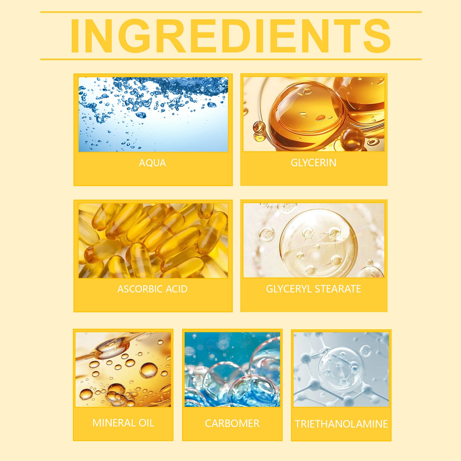 White-spot cream ingredient panel with glycerin, ascorbic acid, mineral oil and cream-base ingredients