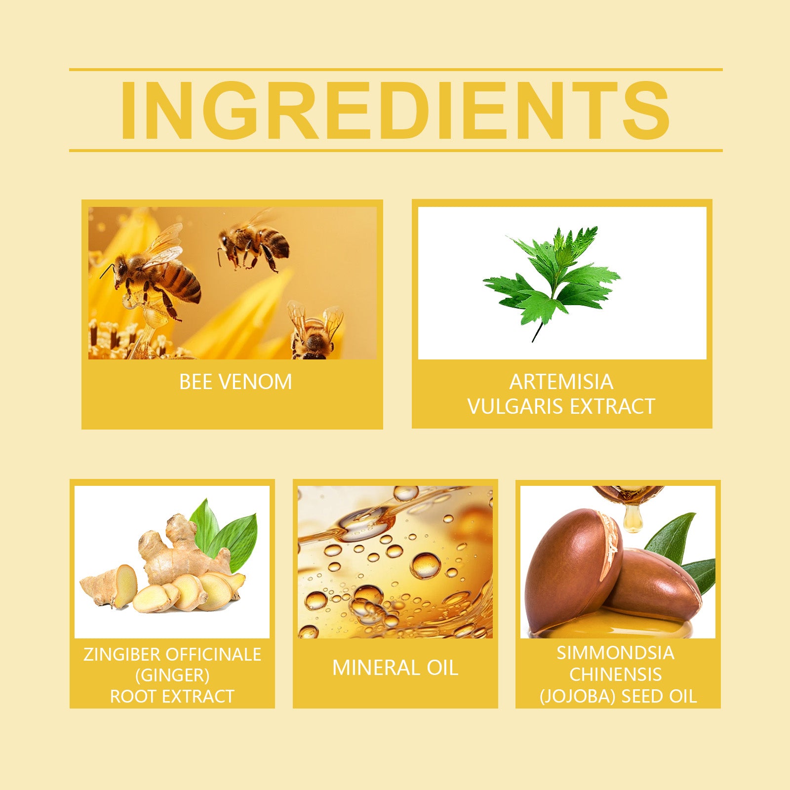 Ingredient panel for XIMONTHS Men's Chest Care Oil for Moisturizing Massage, showing bee venom, mugwort, ginger, mineral oil and jojoba