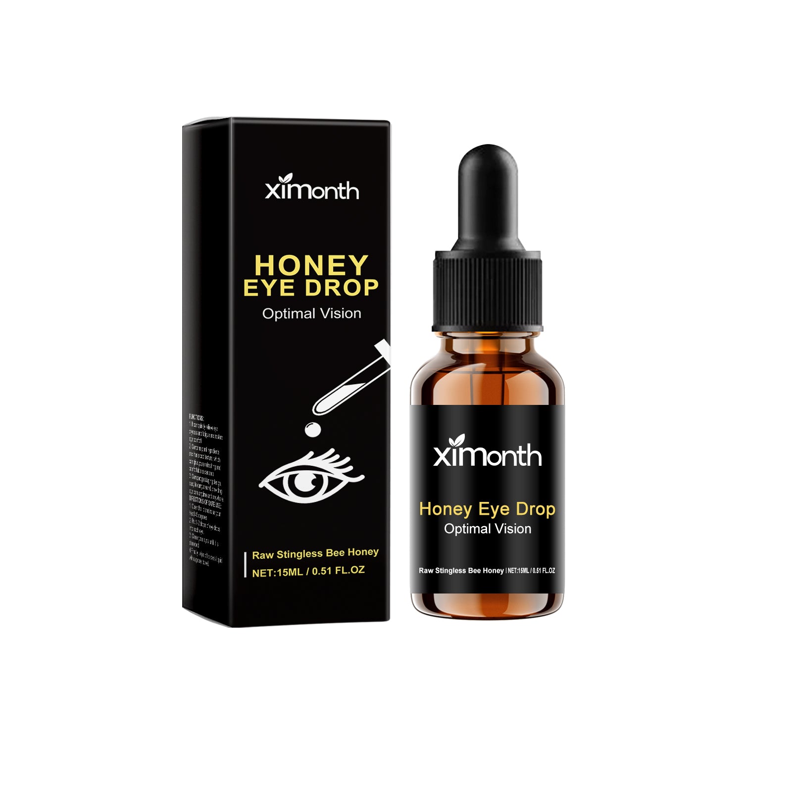 Ximonth 15ml honey eye-drop bottle and black Raw Stingless Bee Honey carton