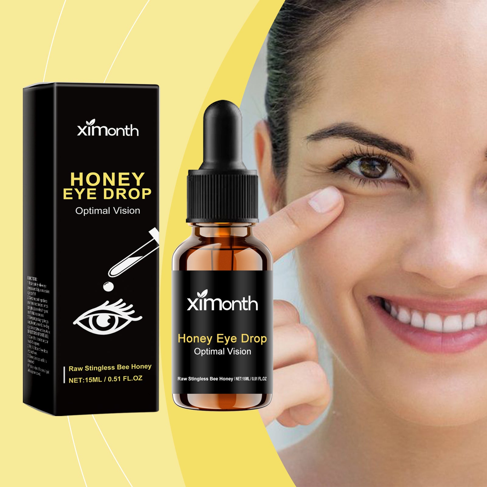 Stingless bee honey eye-drop bottle beside a woman pointing below her eye