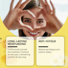 Honey eye-drop feature illustration with a woman making a heart shape with her hands