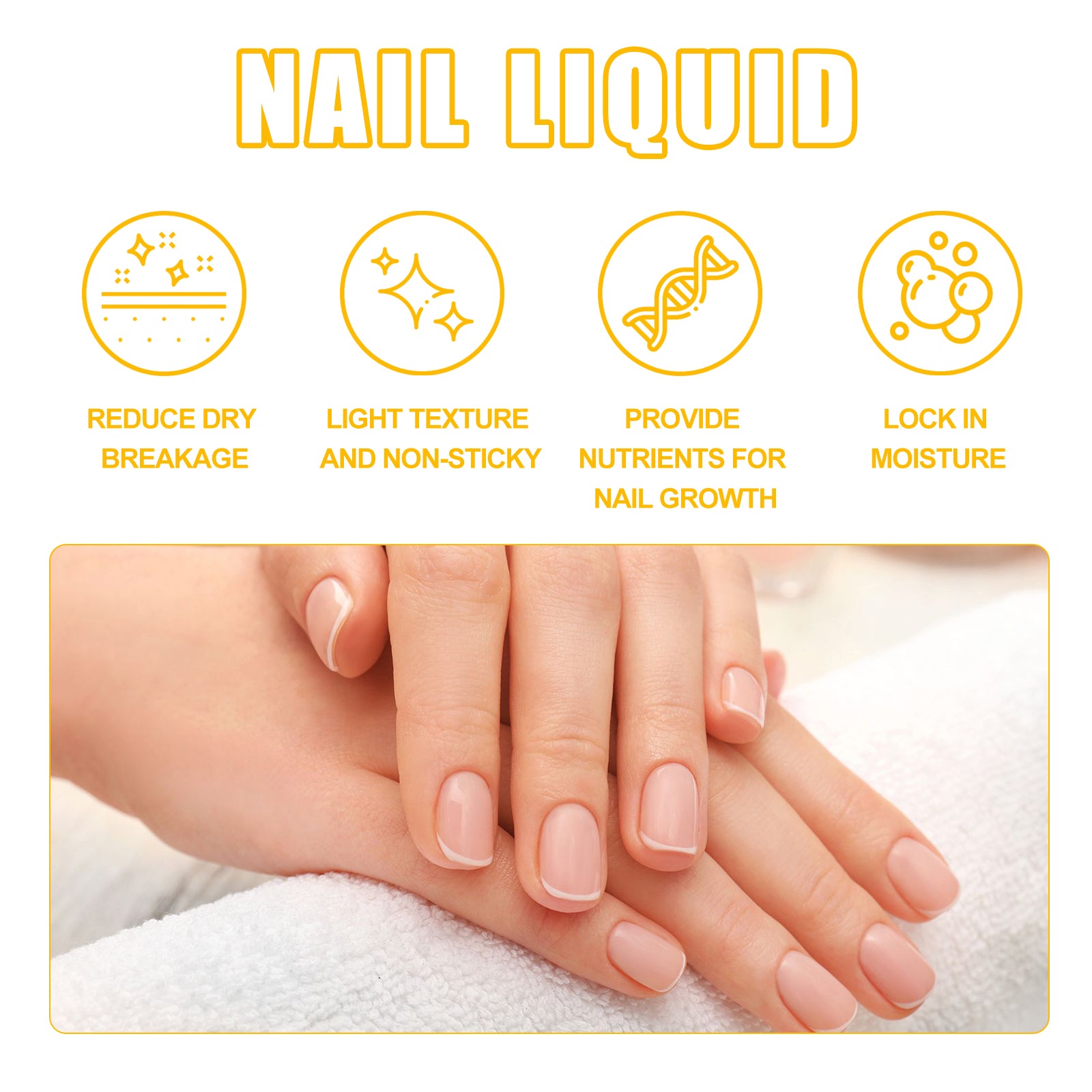 Nail liquid feature graphic above a photograph of cared-for fingernails