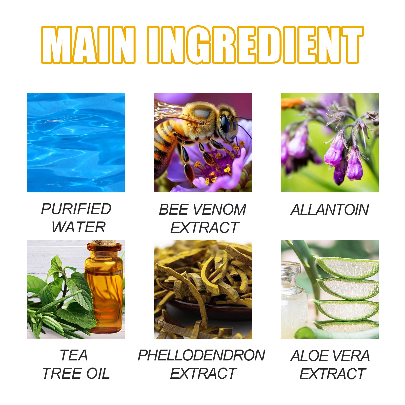 Nail liquid ingredients: water, bee venom, allantoin, tea tree, Phellodendron and aloe