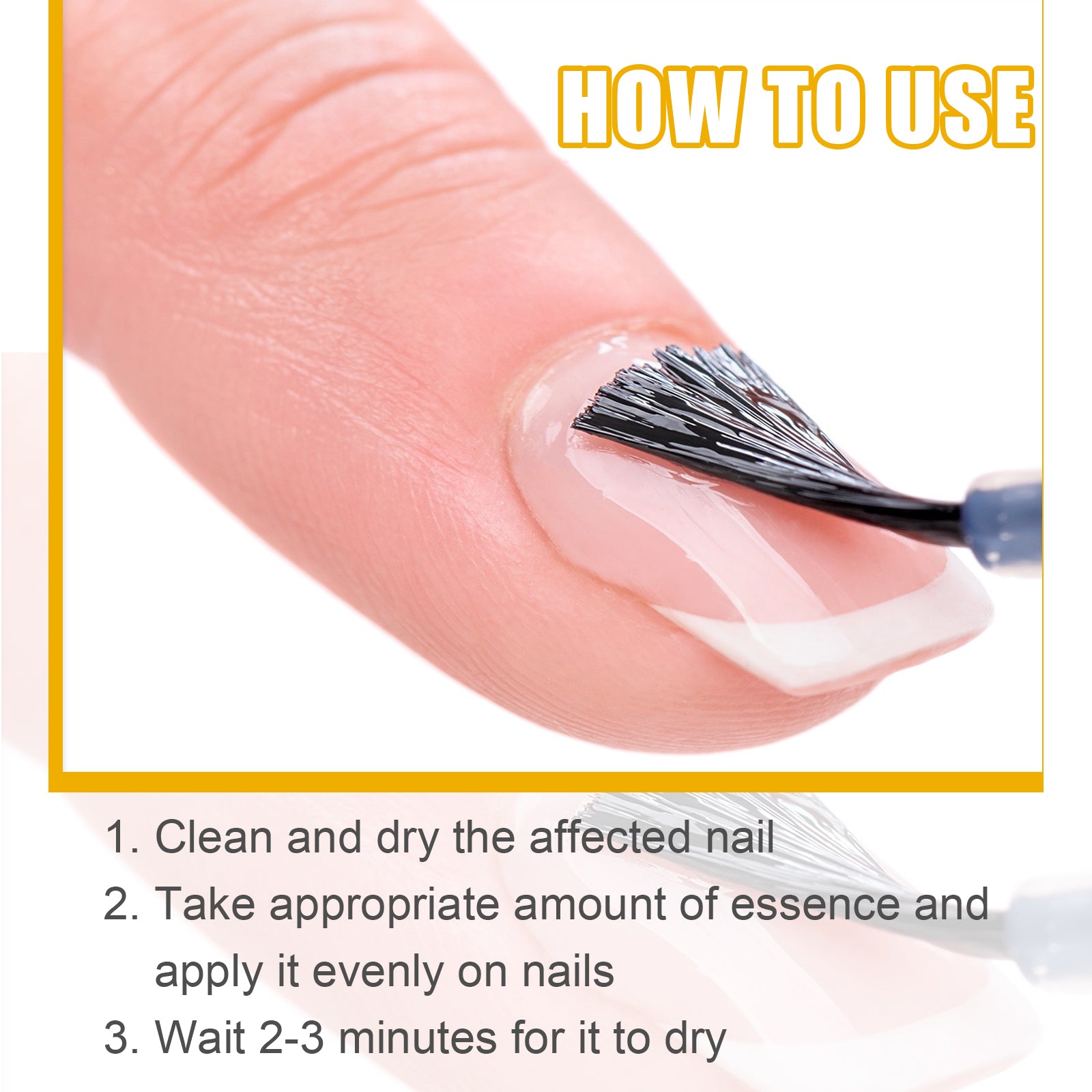 Cap brush applying nail liquid with instructions to allow 2–3 minutes to dry