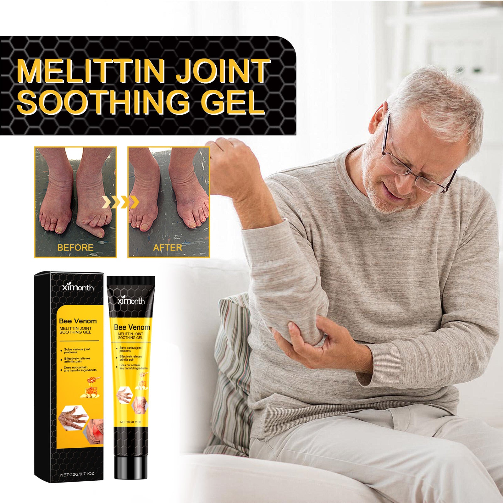 Applying Melittin Bee Venom Joint Soothing Gel to elbow for pain relief and improved mobility
