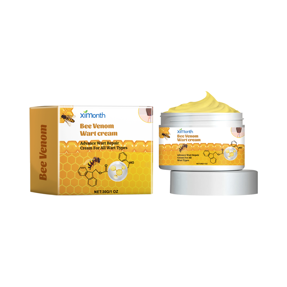 Ximonth 30g bee venom wart cream jar with yellow-and-white carton