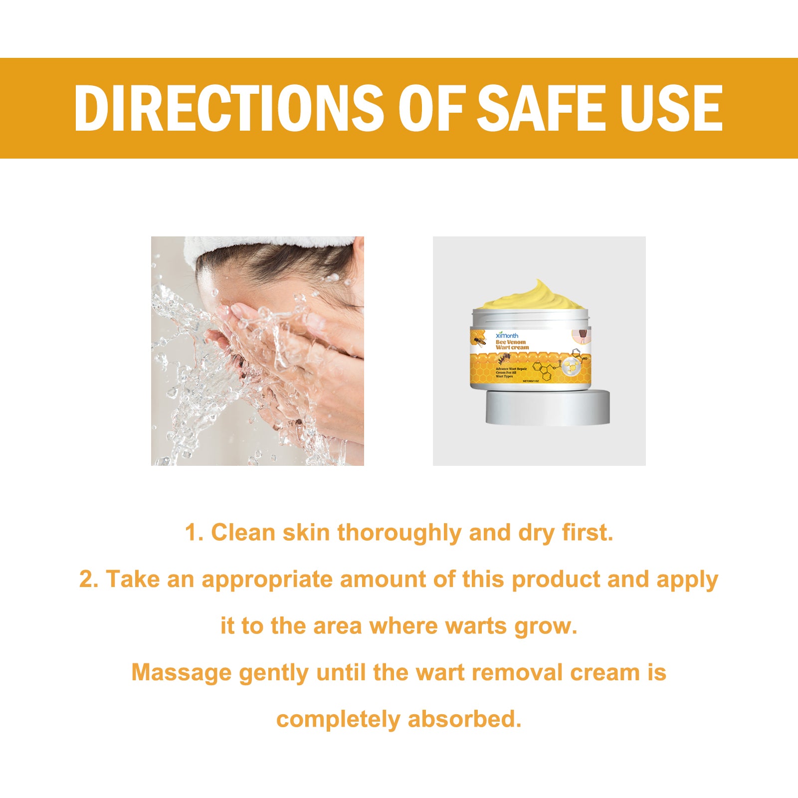Supplied wart cream directions for cleaning skin and applying the cream