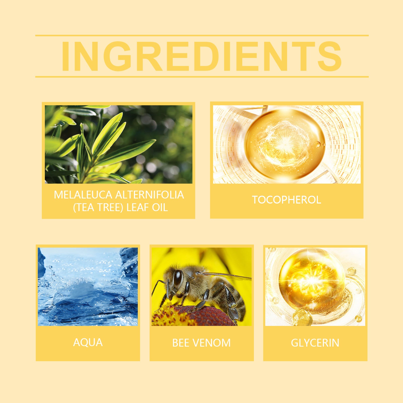 Ingredient panel for XIMONTHS Bee Venom Wart Care Spray for Gentle Topical Care, showing tea tree oil, vitamin E, bee venom and glycerin