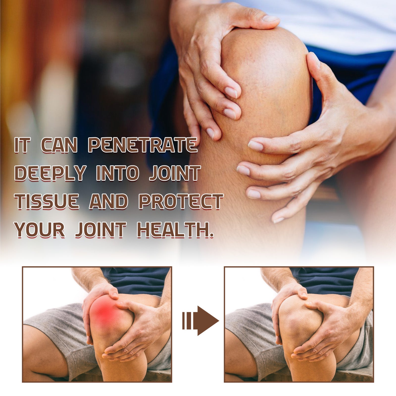 Knee joint pain relief with Ximonths Bee Venom Therapy Drops for effective joint health support.