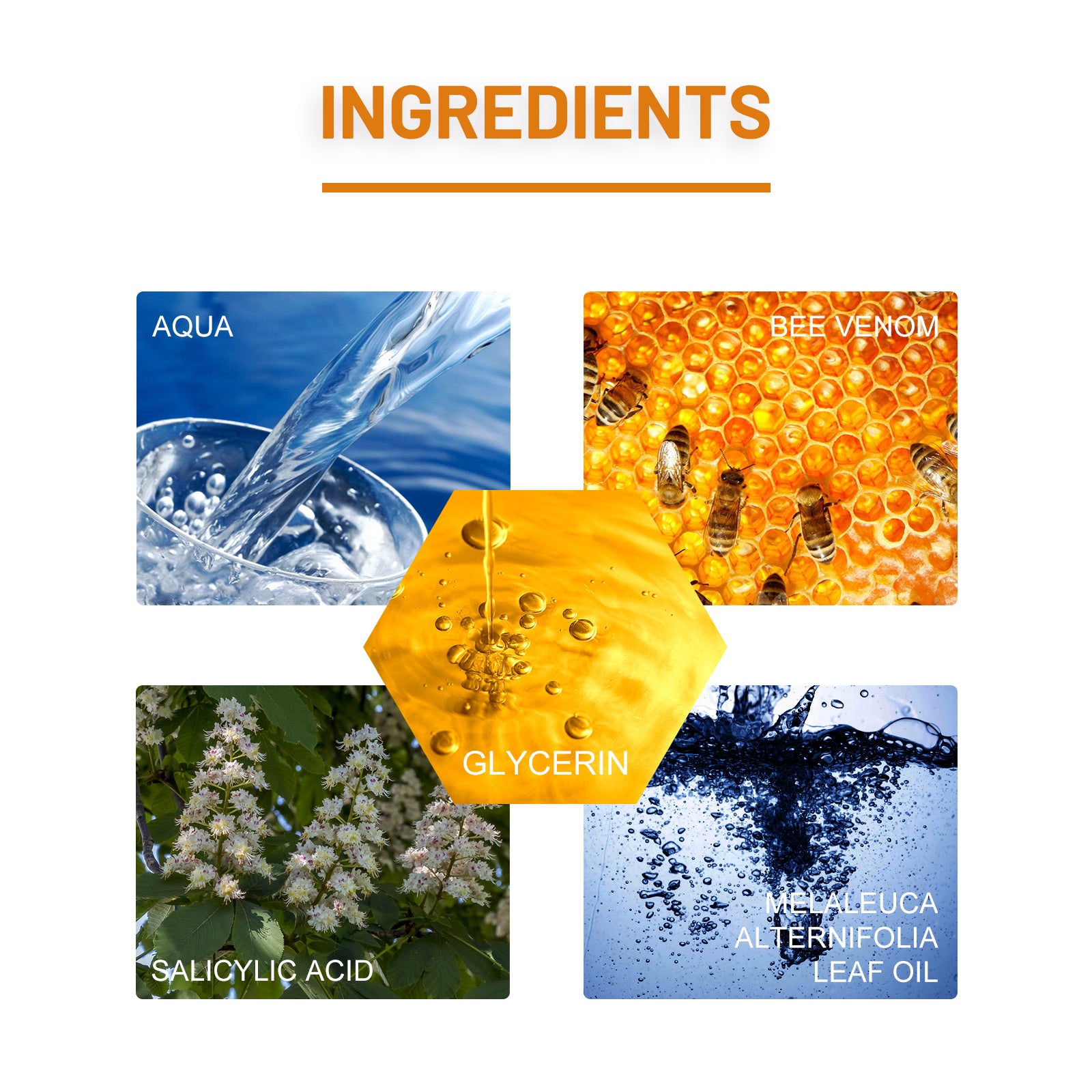 Wart spray ingredient panel listing salicylic acid, tea tree leaf oil, bee venom, glycerin and water