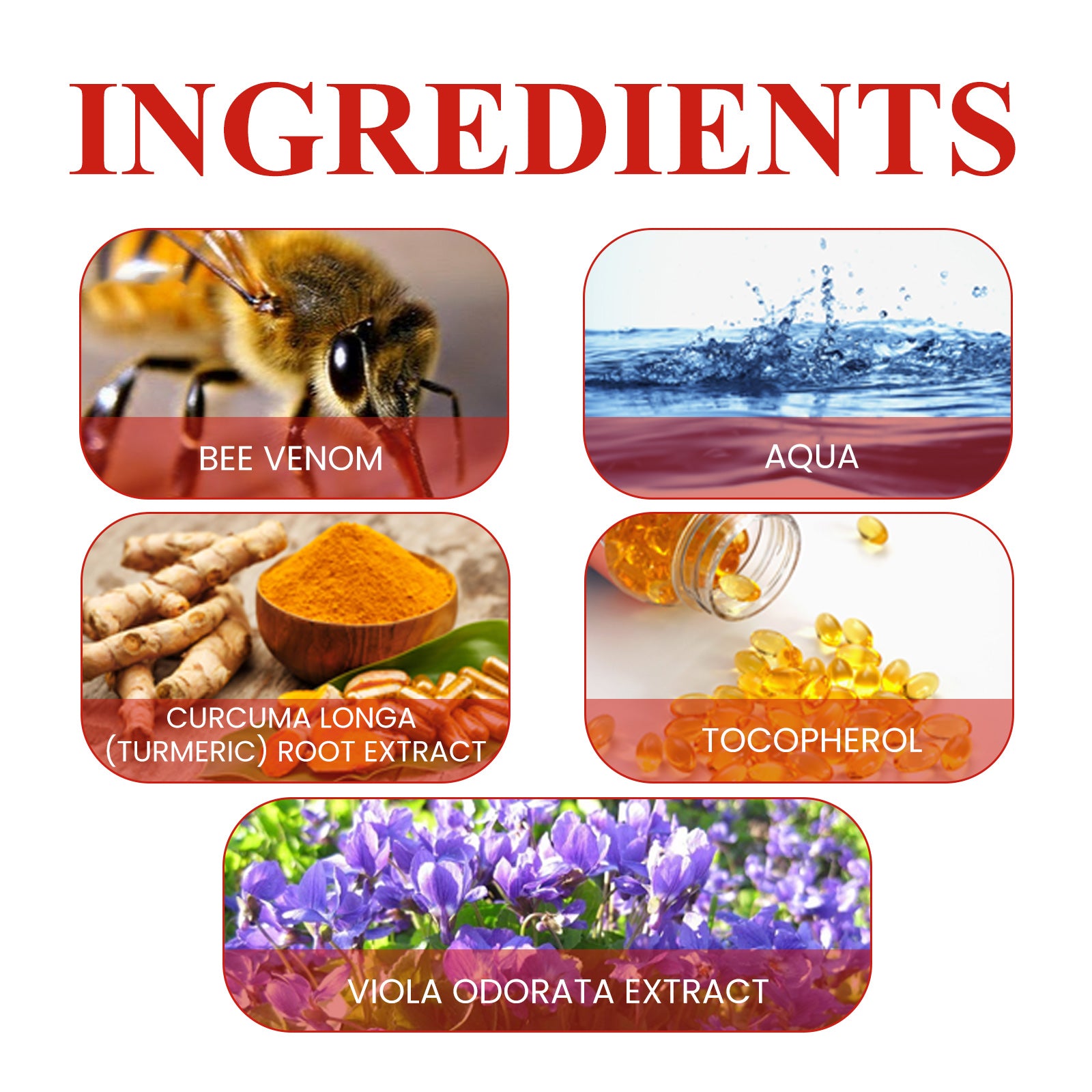 Key ingredients of Bee Venom Hip Joint Care Cream including bee venom, turmeric, and violet extract