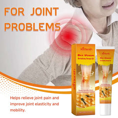 bee venom knee therapy gel easing arm joint discomfort with product and benefits shown