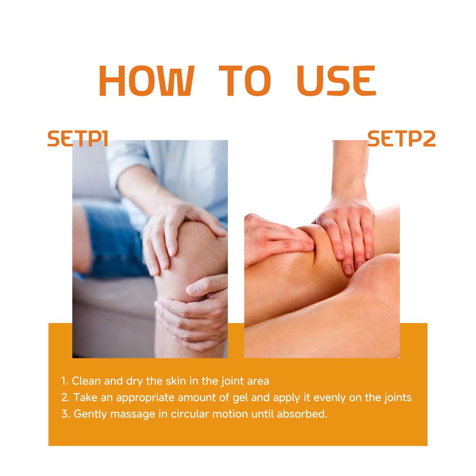 bee venom knee therapy gel application instructions showing how to apply and massage