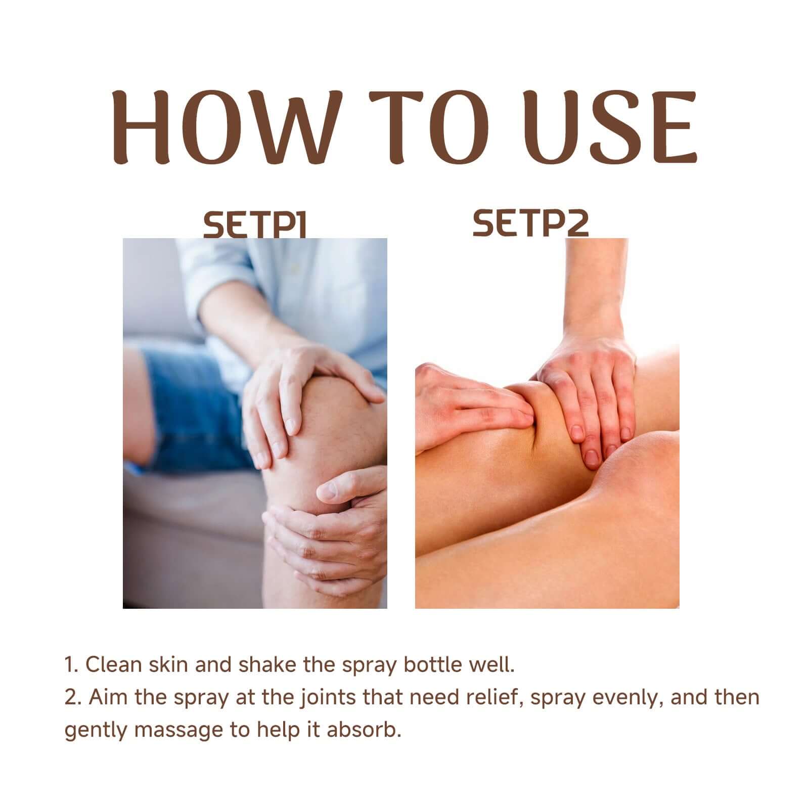 Instructions for using bee venom joint care spray, showing application on knee joints for relief.