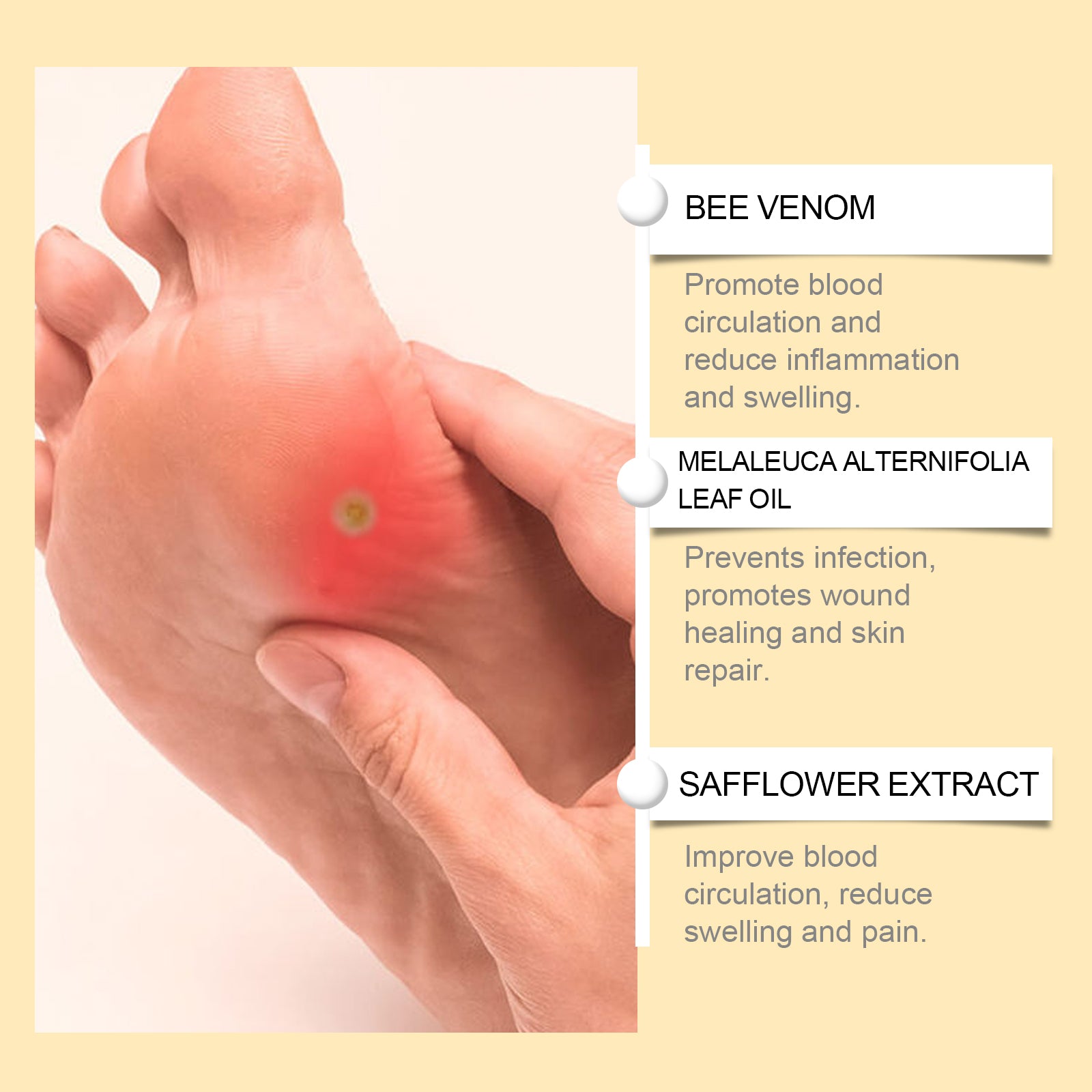 Foot-care illustration with tea tree, bee venom and safflower descriptions