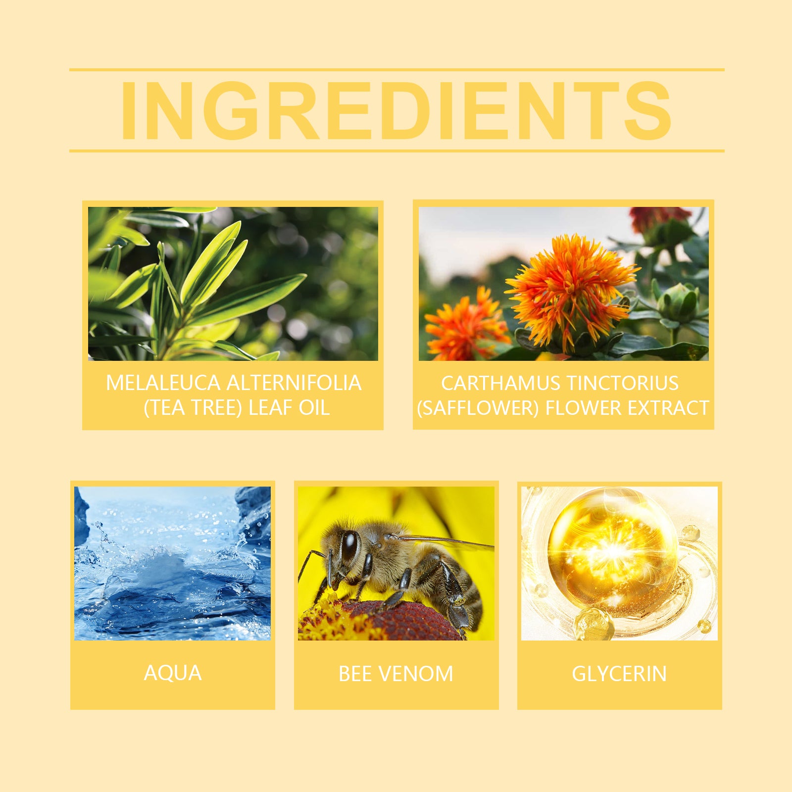 Foot spray ingredients: tea tree leaf oil, safflower, water, bee venom and glycerin