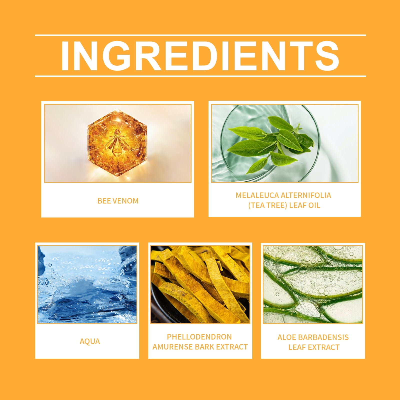 Ingredient panel for XIMONTHS Bee Venom Nail Care Serum for Soft, Bright Nails, showing bee venom, tea tree, Phellodendron and aloe