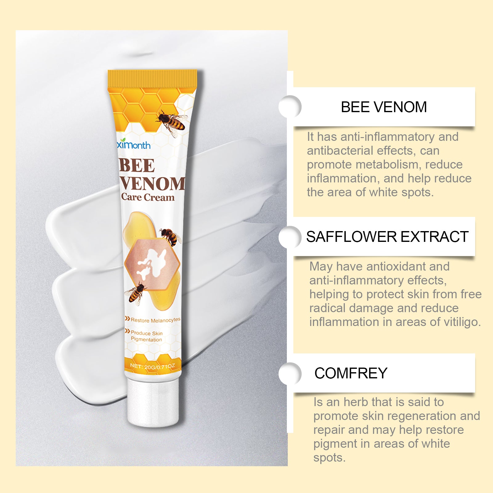 White-spot cream feature graphic naming bee venom, safflower and comfrey
