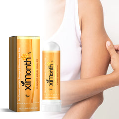 Orange nasal inhaler and carton beside an upper-body lifestyle scene