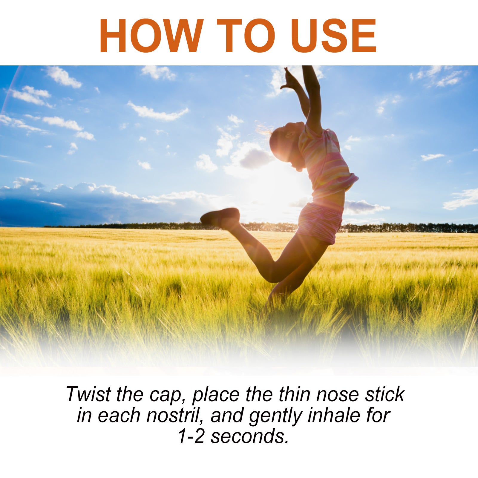 Twist-cap nasal inhaler directions beneath an outdoor lifestyle photograph
