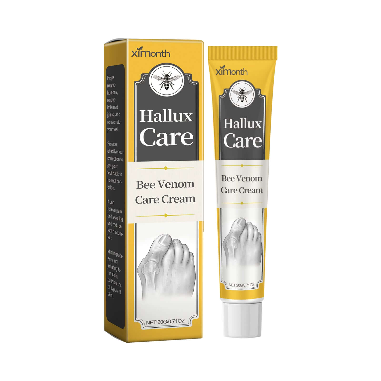 Bee Venom Foot Pain Relief Cream packaging for fast soothing and bunion care by ximonth.