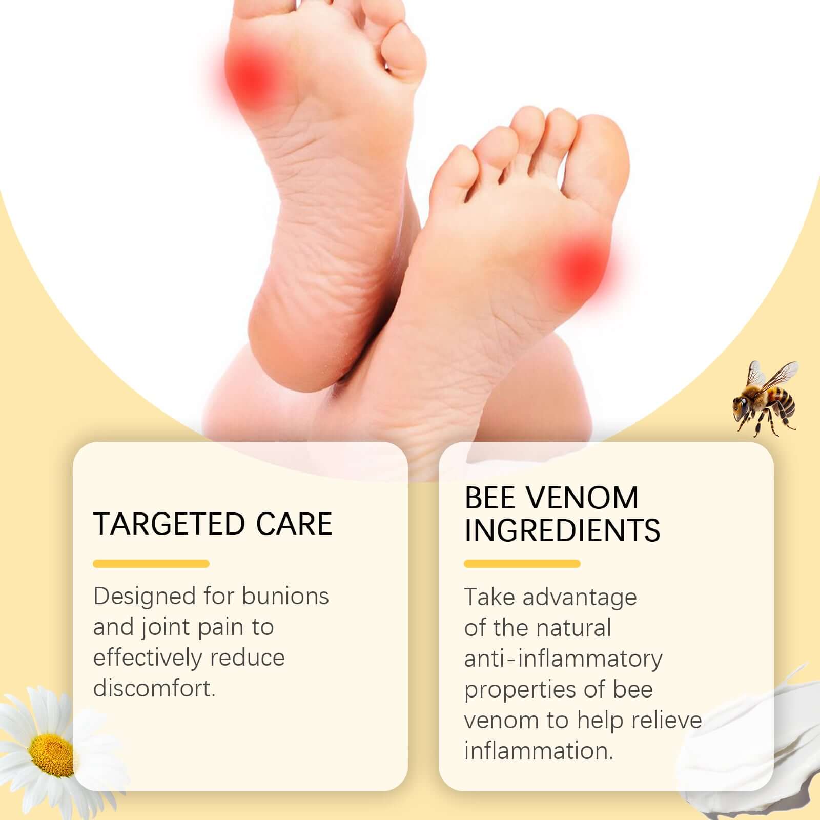 Bee venom foot pain relief cream benefits for bunion and joint pain relief, featuring targeted care and natural ingredients.
