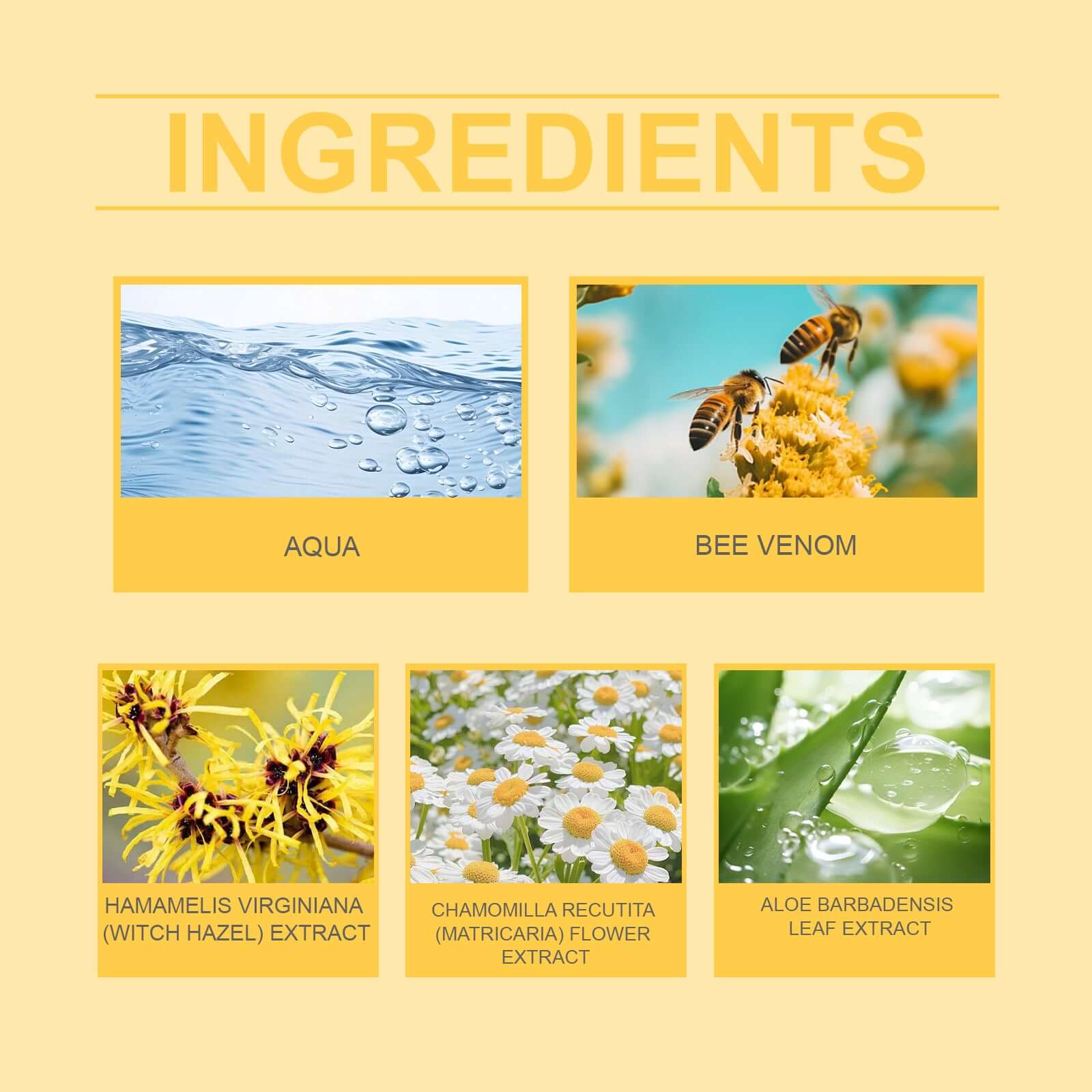 Ingredients used in bee venom foot pain relief cream including aqua and bee venom.