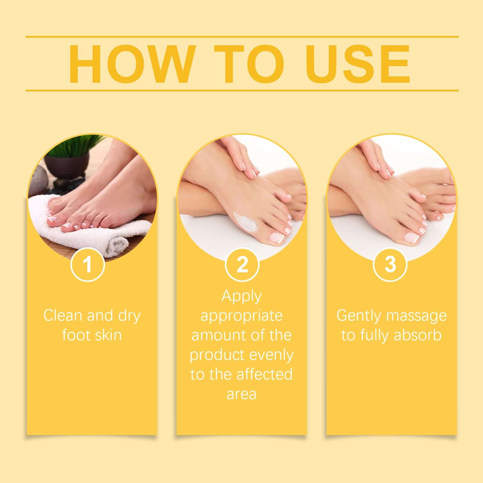 How to use bee venom foot pain relief cream: clean feet, apply cream, massage to absorb.