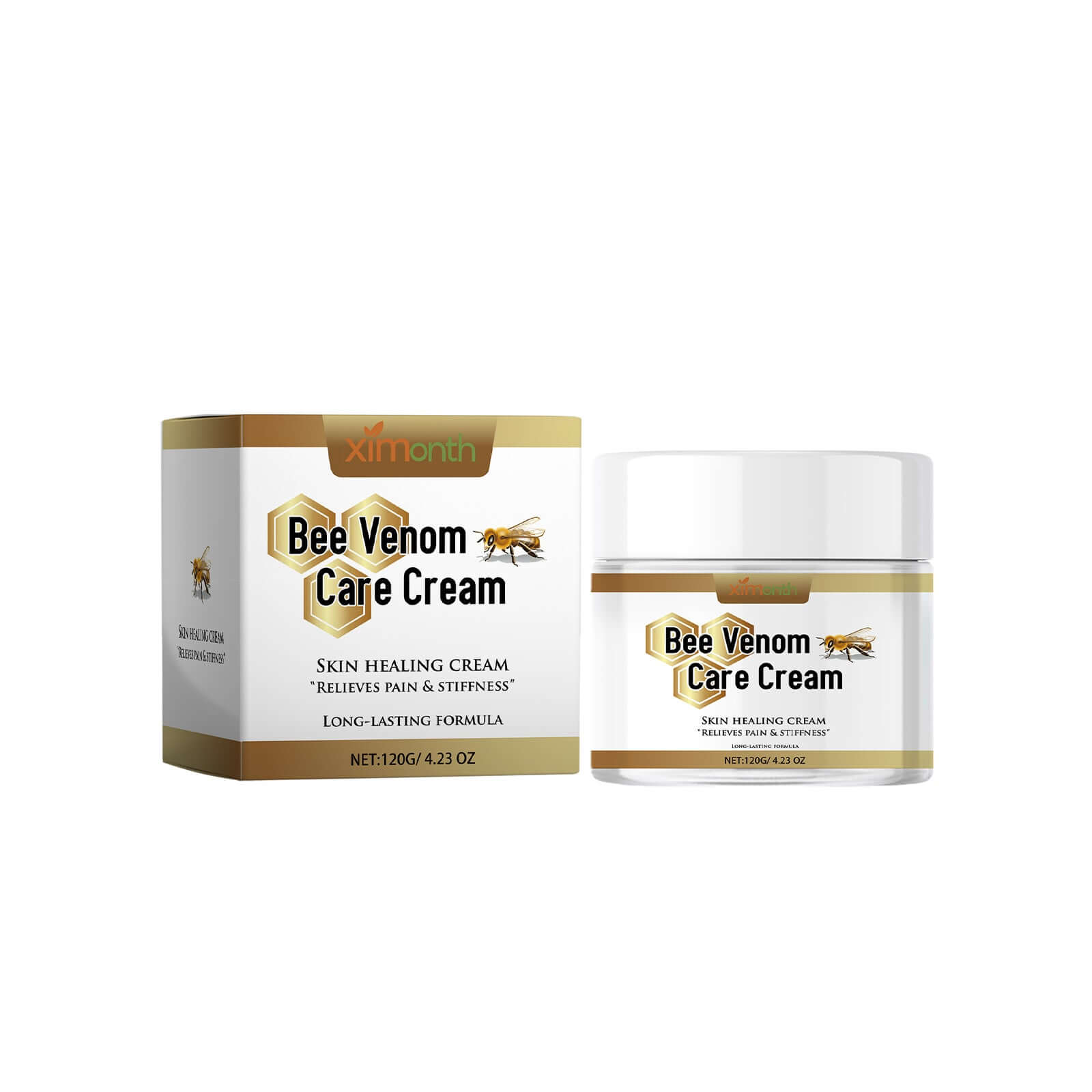 Bee venom treatment cream for joint pain in a jar with packaging, relieving pain and stiffness.