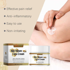 Bee venom treatment cream for joint pain applied to a woman's knee, showcasing effective pain relief and anti-inflammatory benefits.
