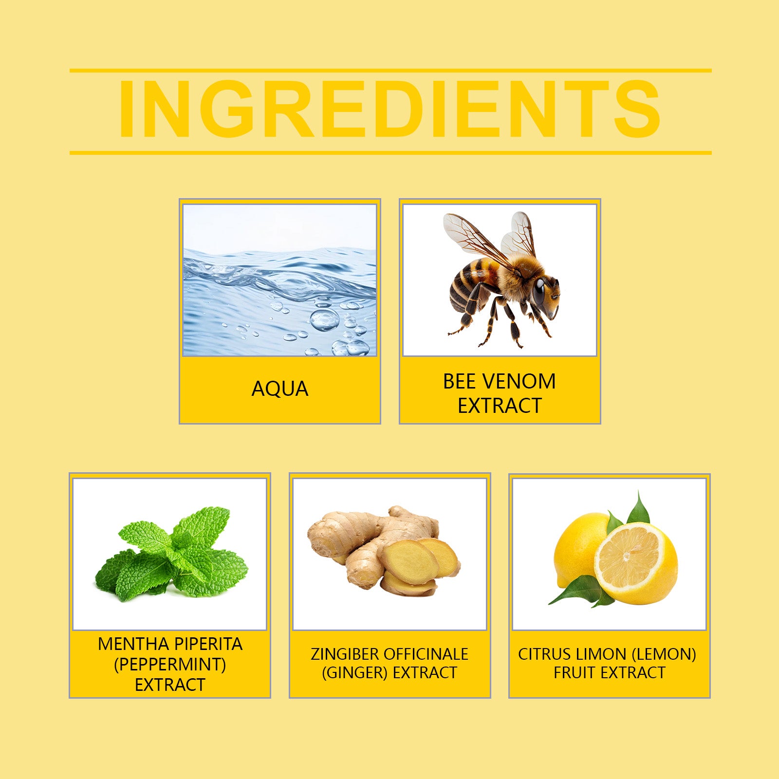 Ingredient panel for XIMONTHS Bee Venom Herbal Nasal Inhaler Stick, showing bee venom, peppermint, ginger and lemon